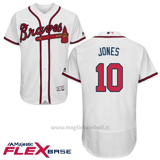 Maglia Baseball Uomo Atlanta Braves 10 Chipper Jones Majestic Autentico Collezione Flex Base Bianco